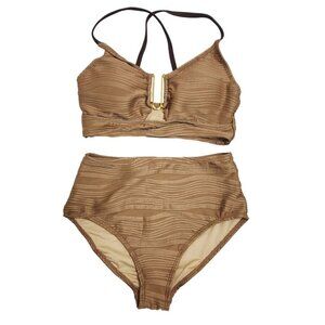 Brown High-Waisted Textured Bikini Set Strappy Back Size S